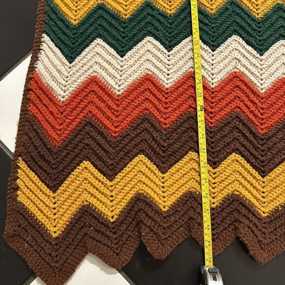 Handmade Afghan Couch Blanket Green Orange Brown Fall Knit Crochet 31x70 Vintage - Picture 4 of 6